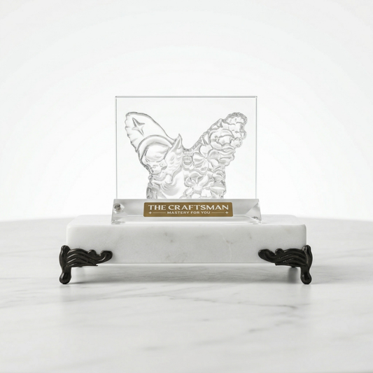 Butterfly-shaped crystal on a marble stand with 'The Craftsman' branding.
