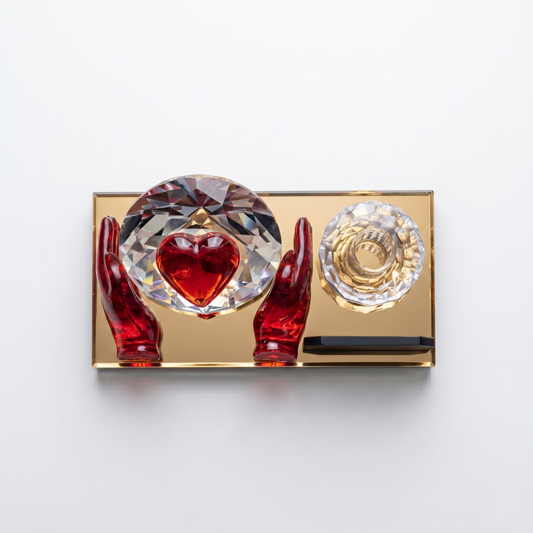 Crystal glass pen stand with red hands protecting a heart on diamond with crystal pen stand on a golden glass base.