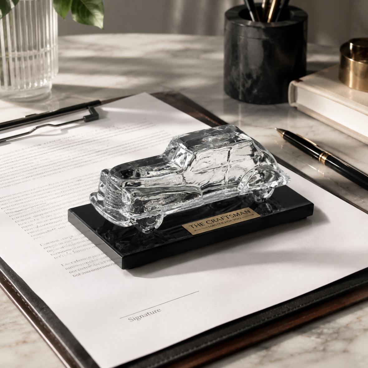 Vintage crystal car paperweight side view on marble surface by The Craftsman
