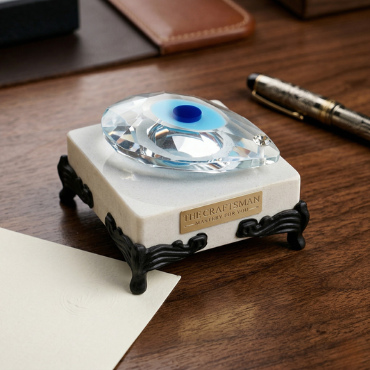 Crystal evil eye paper weight placed on the marble with traditional foots 'The Craftsman' branding on a white marble