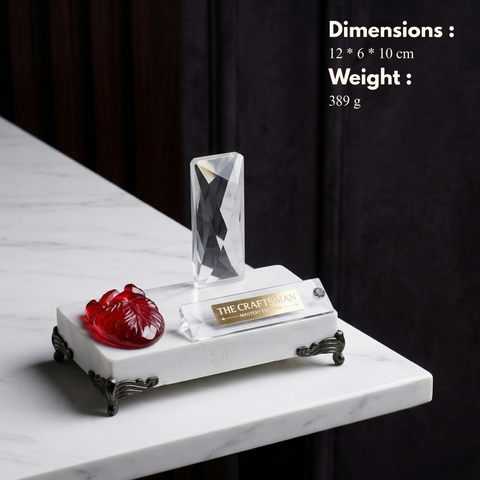 Desk decor with red heart with crystal clear glass stand along with heart doubles as a mobile and visiting card holder