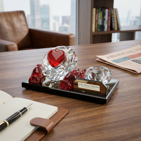 Crystal glass pen stand with red hands protecting a heart on diamond with crystal pen stand on a golden glass base