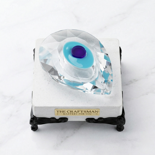 Crystal evil eye paper weight placed on the marble with traditional foots 'The Craftsman' branding on a white marble