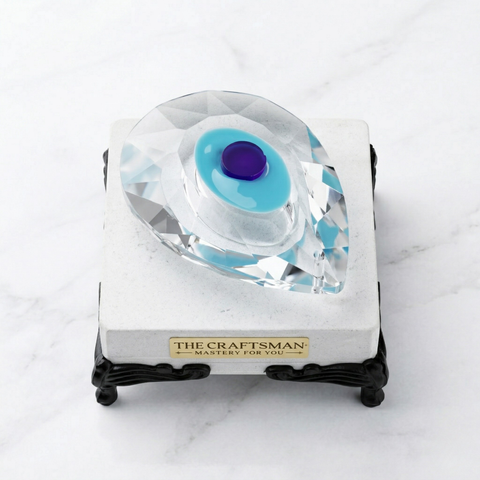 Crystal evil eye paper weight placed on the marble with traditional foots 'The Craftsman' branding on a white marble