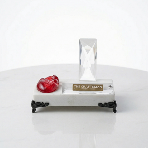 Desk decor with red heart with crystal clear glass stand along with heart doubles as a mobile and visiting card holder