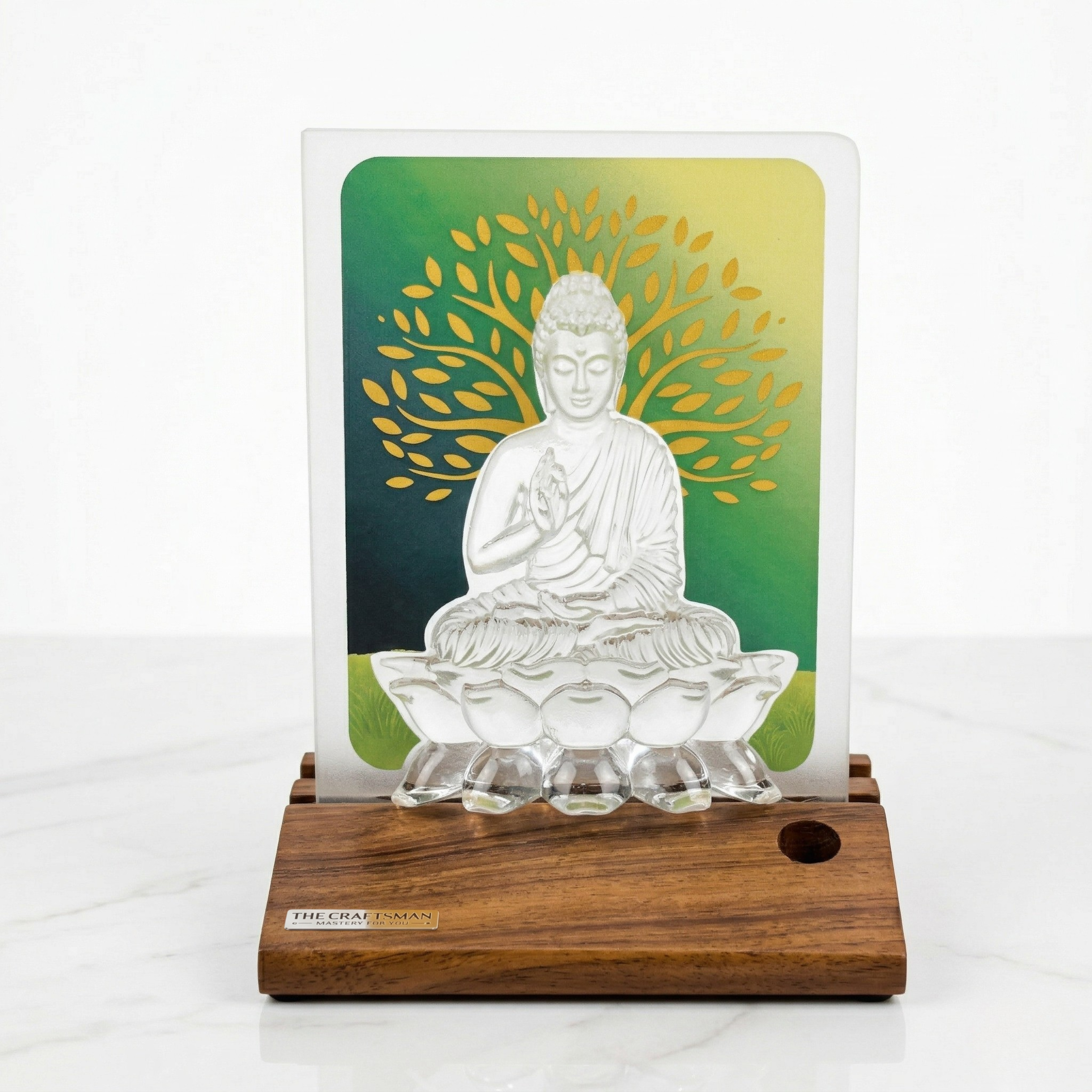 Meditating Buddha crystal desk decor on wooden base lifestyle view by The Craftsman