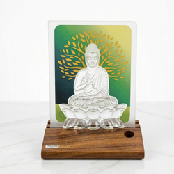 Meditating Buddha crystal desk decor on wooden base lifestyle view by The Craftsman
