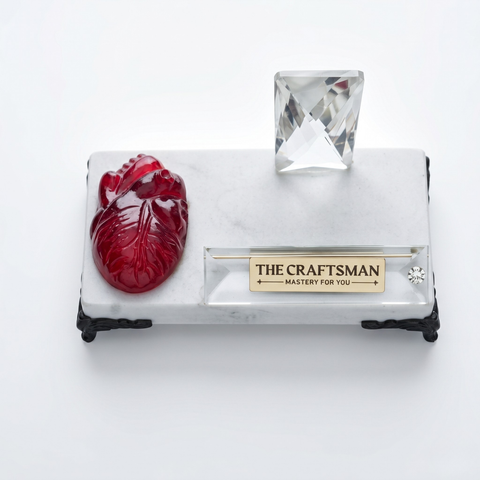 Desk decor with red heart with crystal clear glass stand along with heart doubles as a mobile and visiting card holder