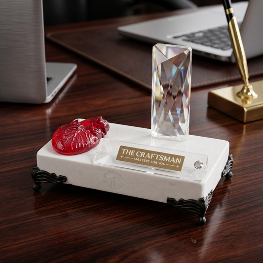 Desk decor with red heart with crystal clear glass stand along with heart doubles as a mobile and visiting card holder