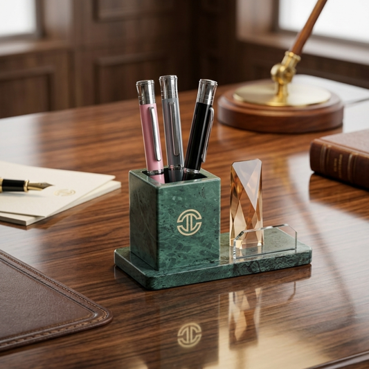 Green marble pen holder with pens and clear crystal object doubles as a mobile holder on a wooden office table