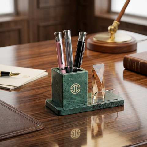Green marble pen holder with pens and clear crystal object doubles as a mobile holder on a wooden office table