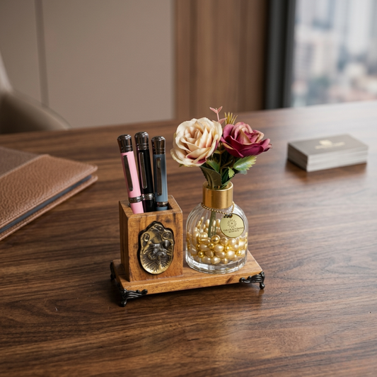 Harmony Of Wood And Glass Desk Organizer