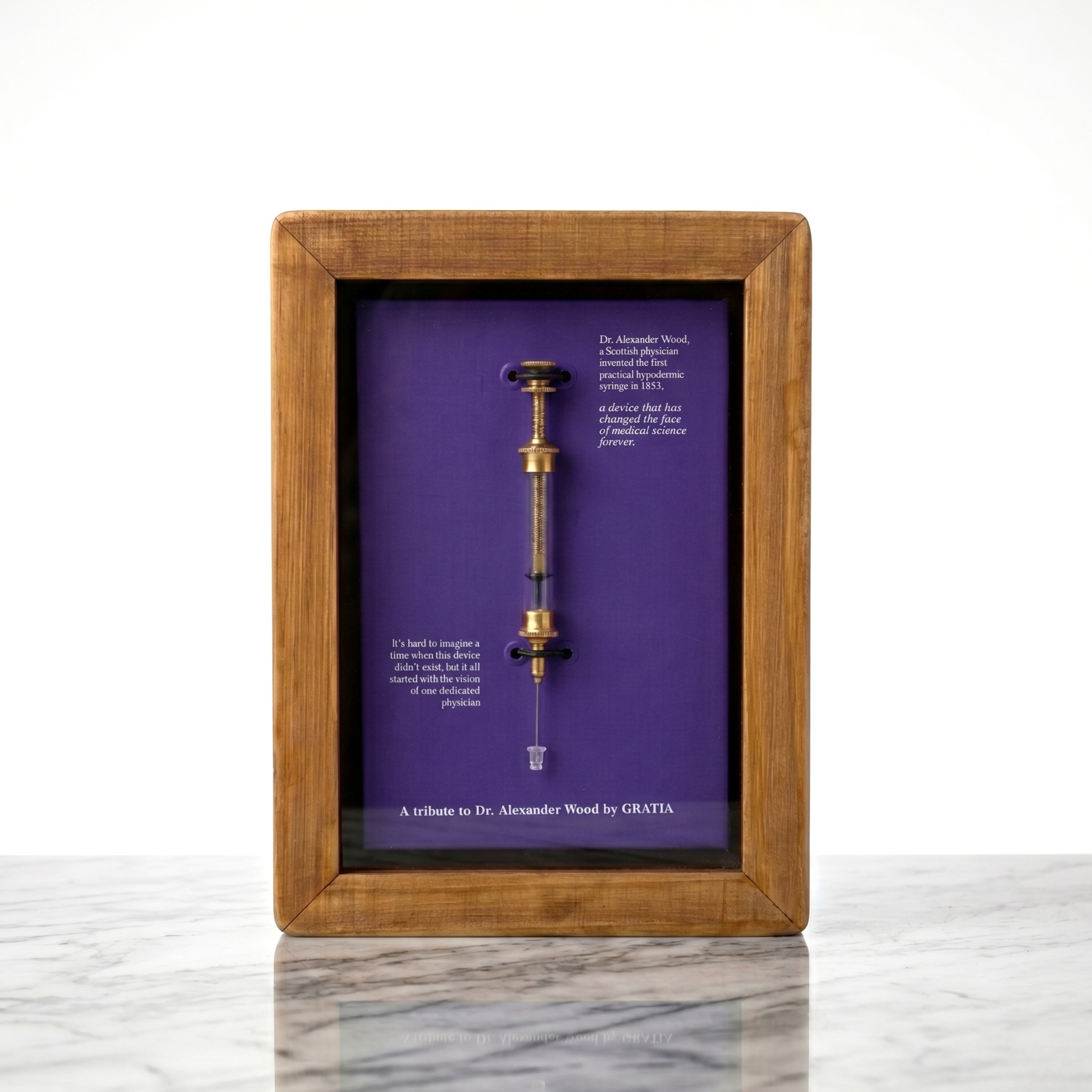Framed medical syringe model on a purple background with wooden frame
