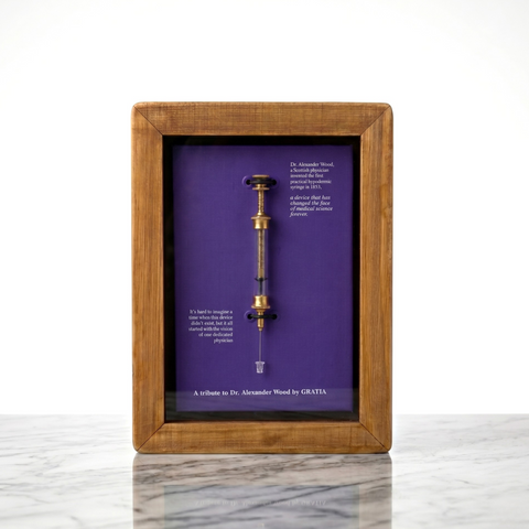 Framed medical syringe model on a purple background with wooden frame