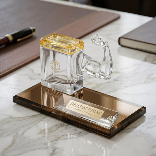 Titan Crystal glass pen stand with glass base kept on a marble surface with 'The Craftsman' branding.