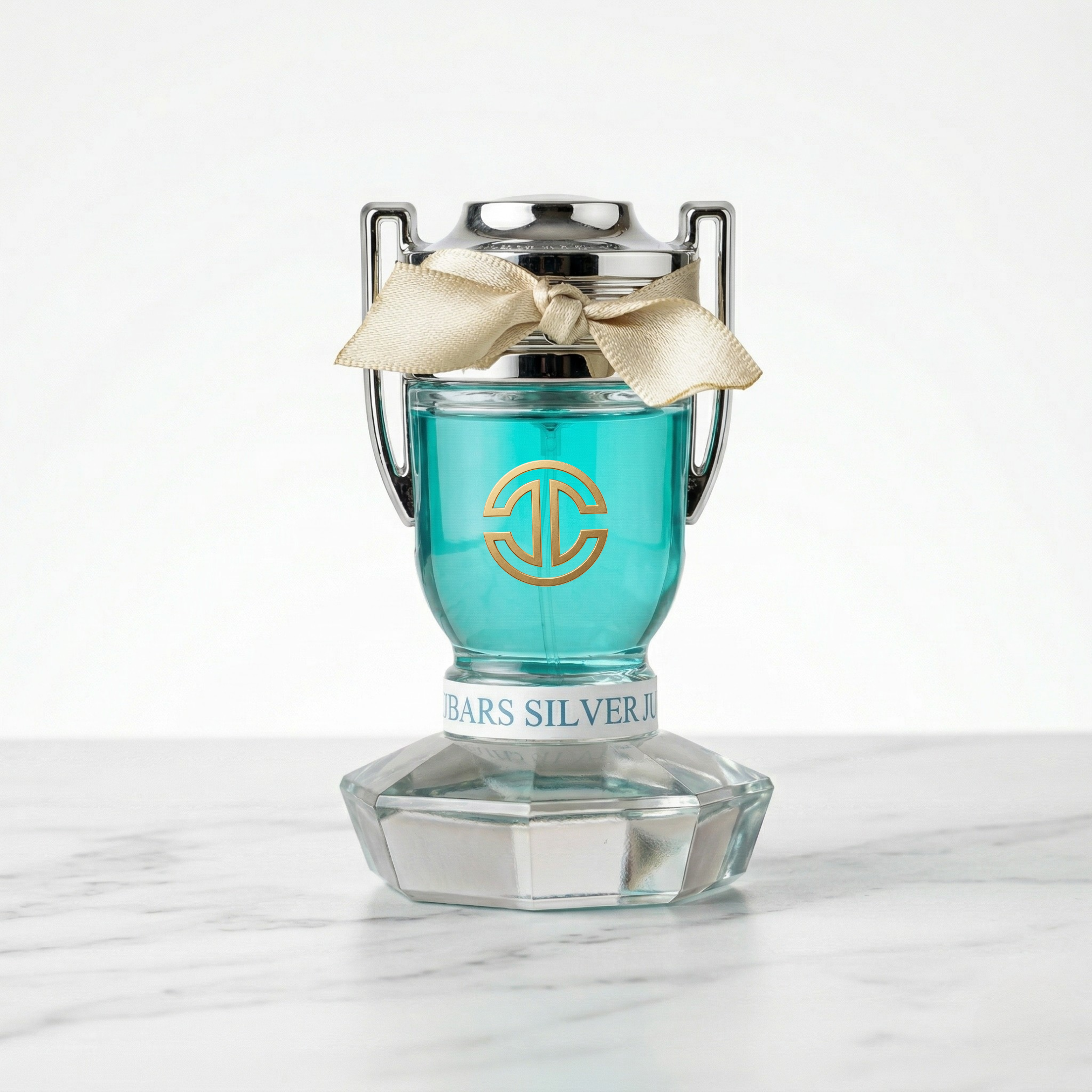 Blue trophy shaped perfume bottle with fragrance of waterfall doubles as a paperweight
