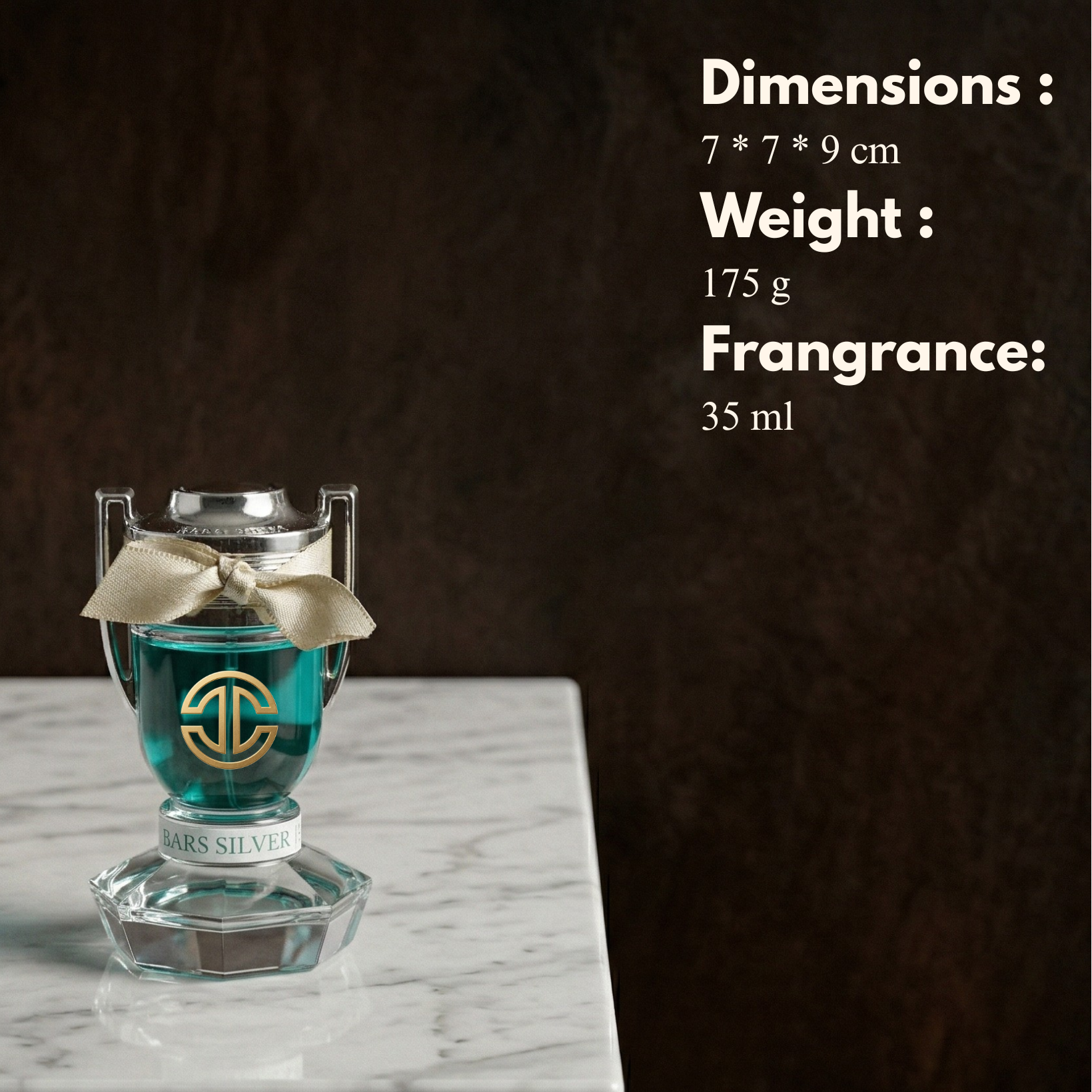 Blue trophy shaped perfume bottle with fragrance of waterfall doubles as a paperweight