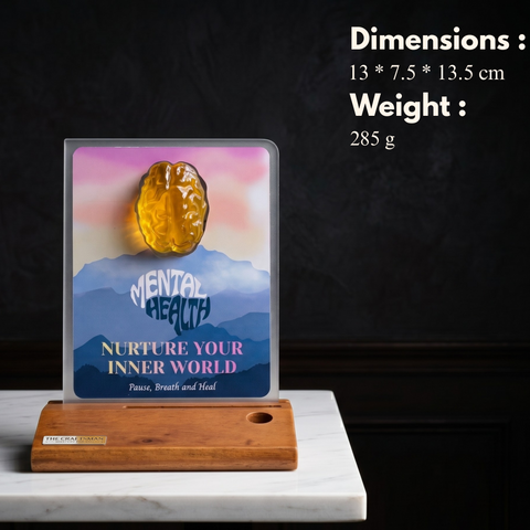 Decorative item with 'Mental Health' theme on a stand with dimensions and weight information.
