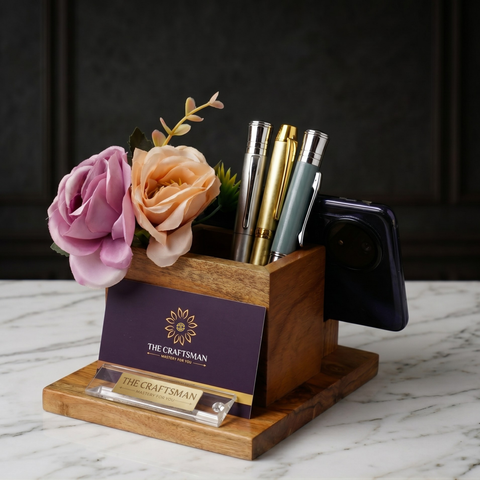 Wooden Desk Organizer With Flowers