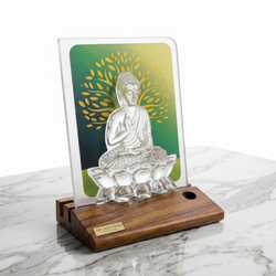 Meditating Buddha crystal figurine on wooden base front view by The Craftsman