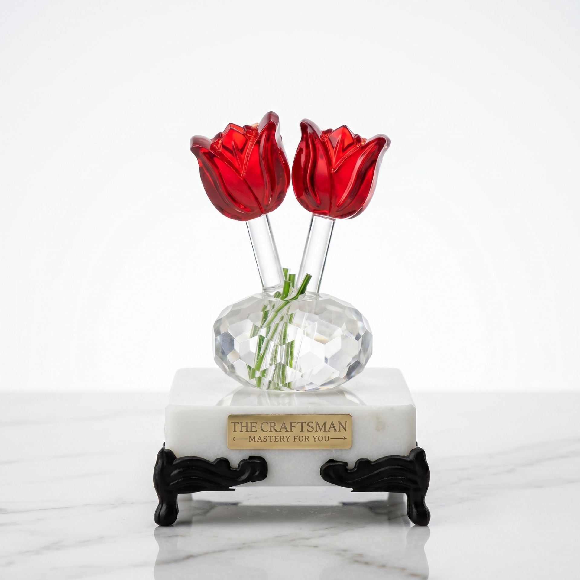 Crystal tulip glass figurine desk decor front view on marble surface by The Craftsman