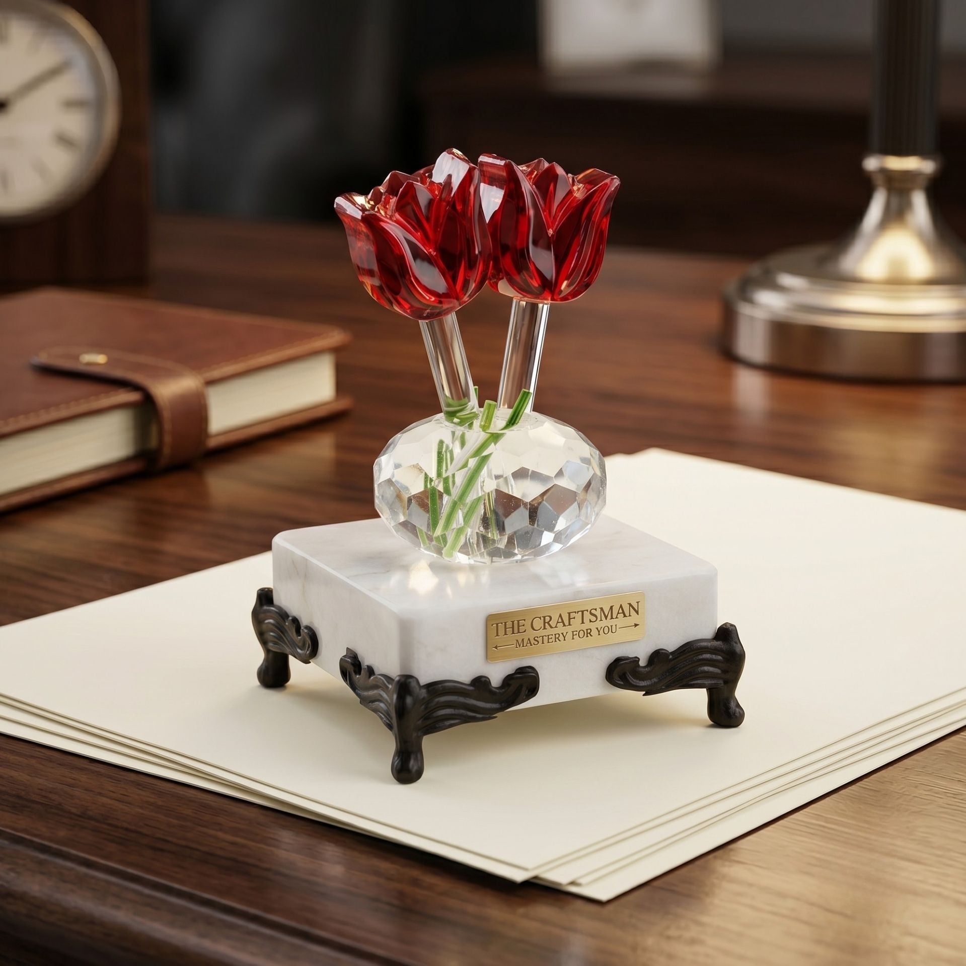 Crystal tulip glass figurine desk decor angle view on marble surface by The Craftsman