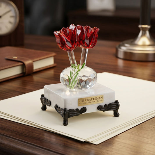Crystal tulip glass figurine desk decor angle view on marble surface by The Craftsman